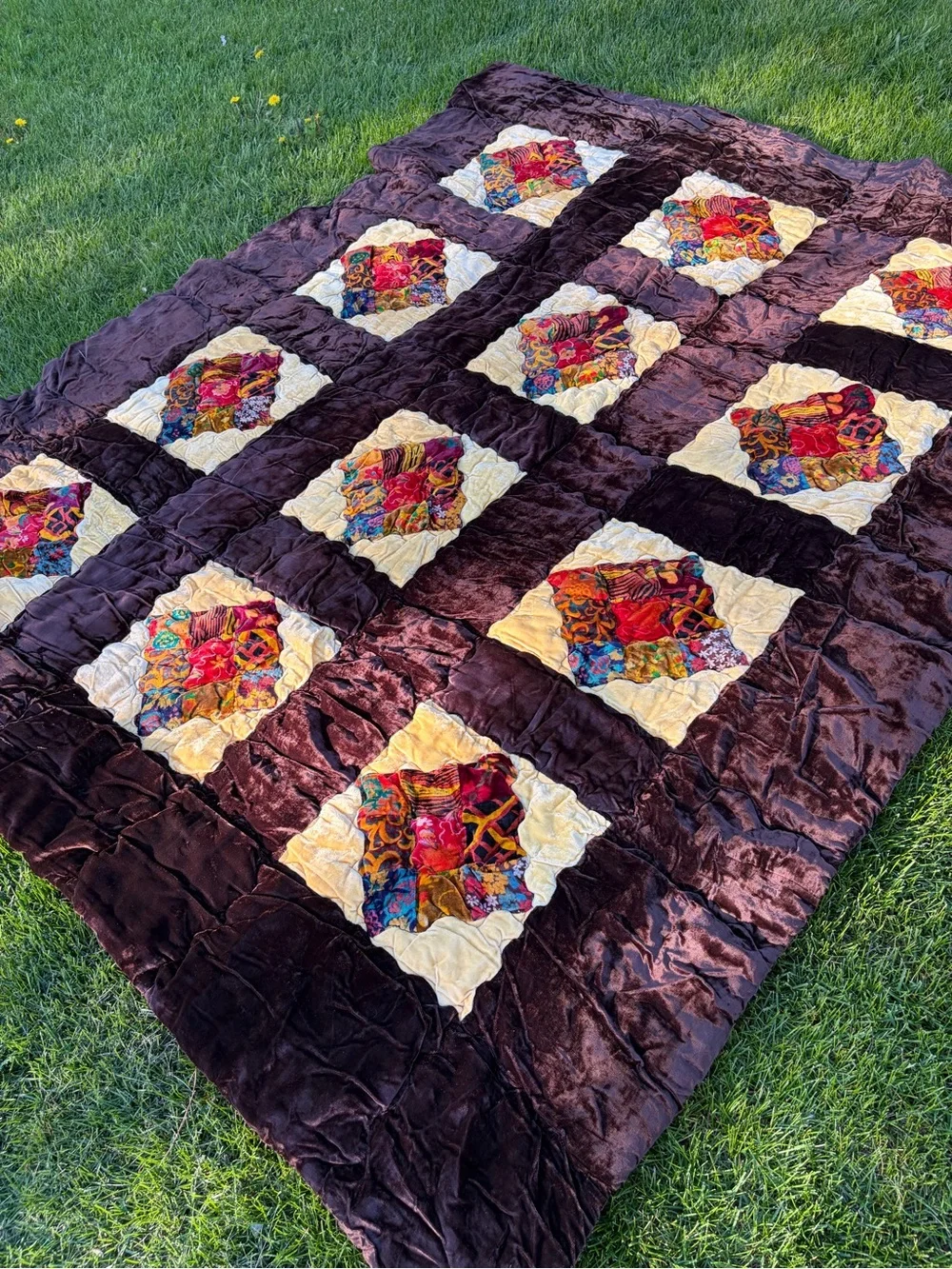 Vintage 70s 1970 patchwork quilted velvet velour quilt comforter blanket boho